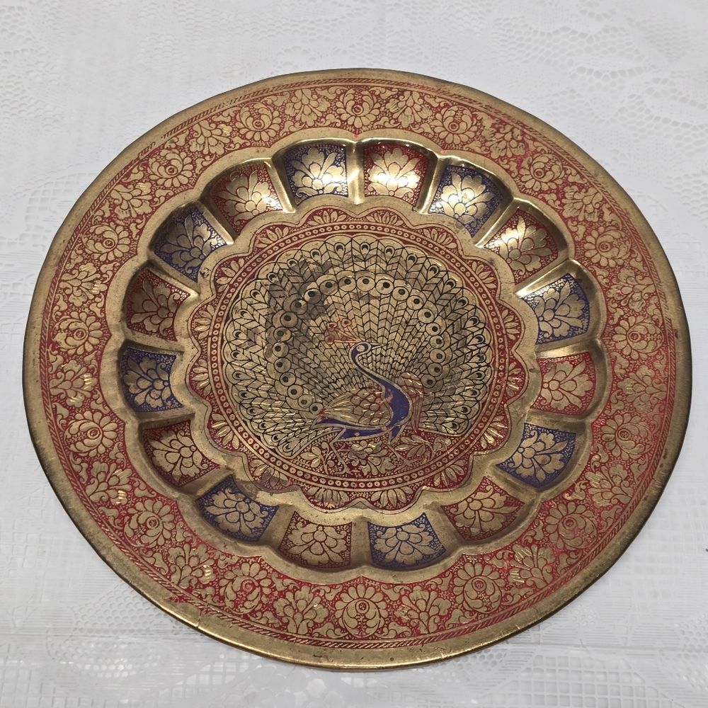 Vintage Engraved Peacock Brass Red Blue Enamel Wall Hanging Traditional Plate